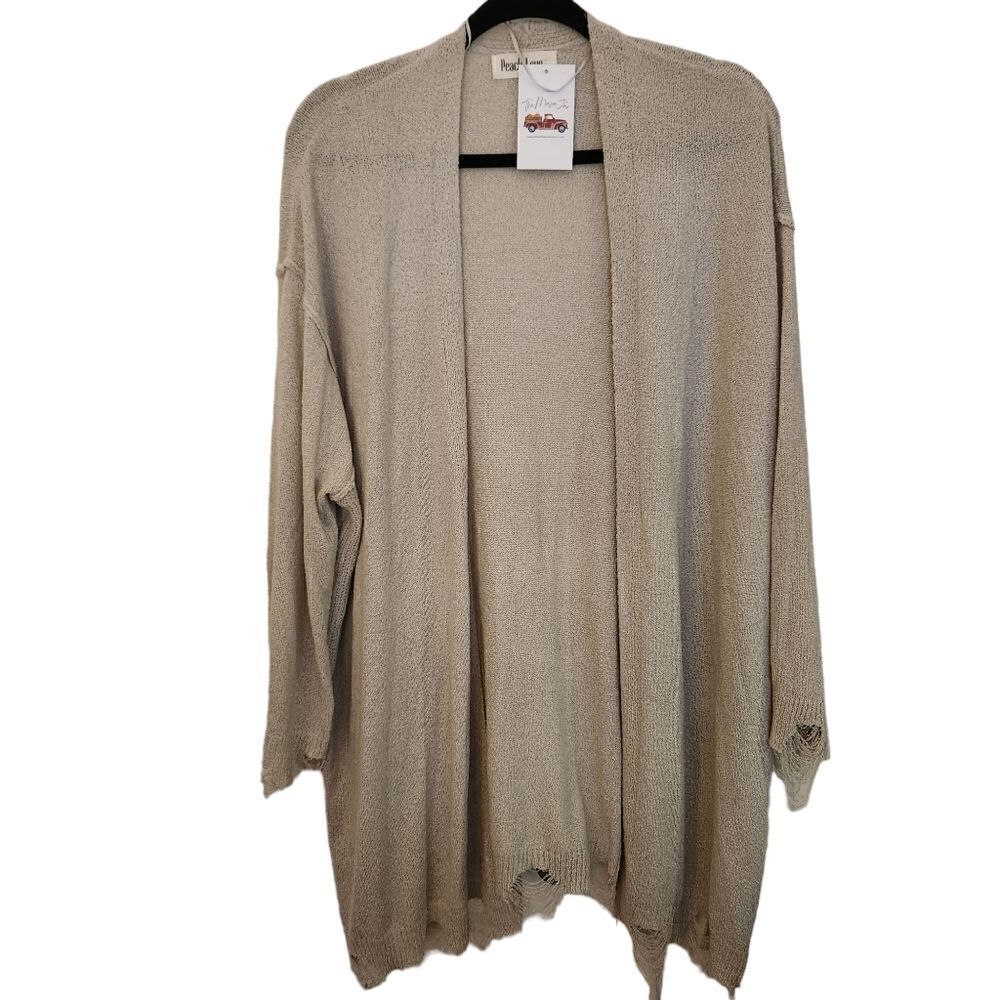 Peach Love California Break Down Distressed Open Front Cardigan Size Small